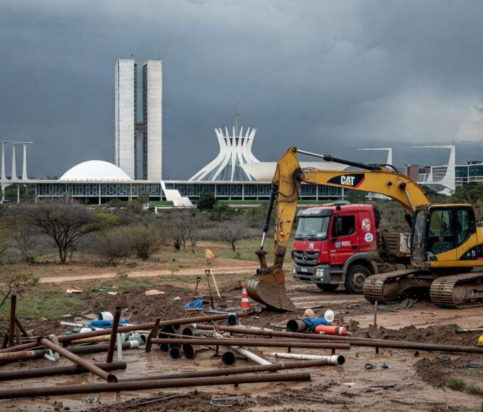 Reservatório de água com nível baixo em Brasília, destacando escassez hídrica e obras de saneamento no DF.