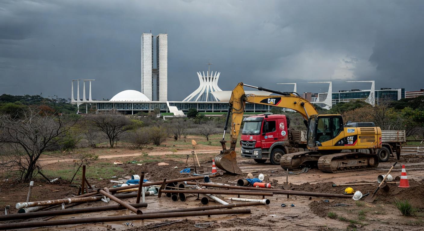 Reservatório de água com nível baixo em Brasília, destacando escassez hídrica e obras de saneamento no DF.