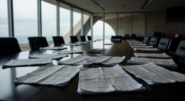 Edifício do BRB próximo à CLDF em Brasília, sob céu nublado, representando suspeitas de influência bancária.