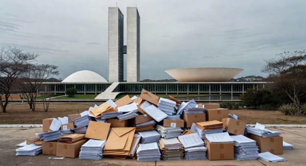 Edifício da CLDF em Brasília com documentos orçamentários, representando aprovação de verba para Ceasa sem transparência e desconfiança.