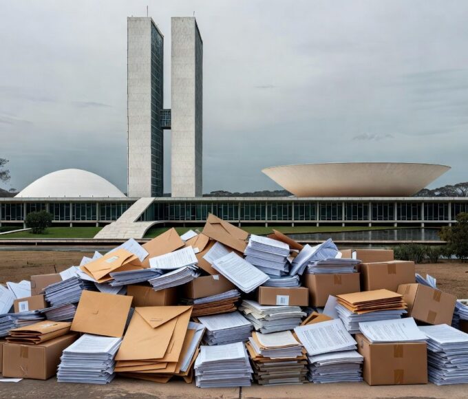 Edifício da CLDF em Brasília com documentos orçamentários, representando aprovação de verba para Ceasa sem transparência e desconfiança.