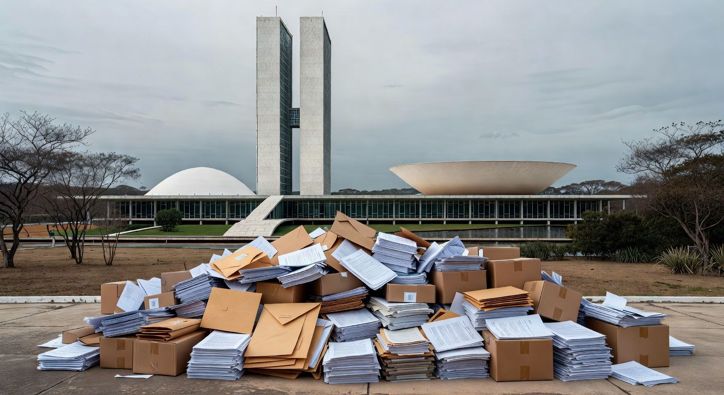 Edifício da CLDF em Brasília com documentos orçamentários, representando aprovação de verba para Ceasa sem transparência e desconfiança.