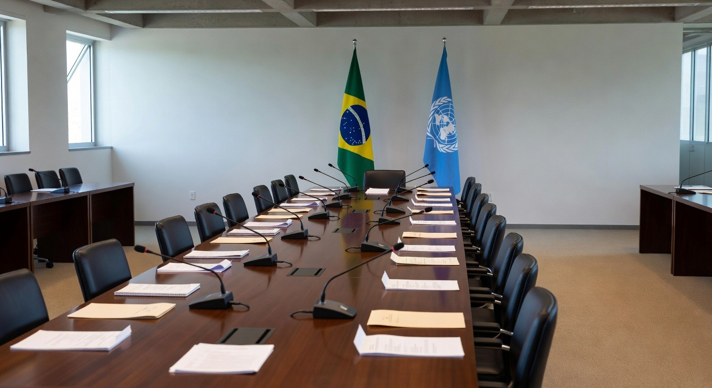 Sala de conferência em Brasília com bandeiras do Brasil e ONU, representando críticas a guerras, fome e descrédito da ONU.