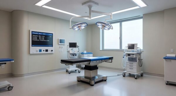 Sala de cirurgia ortopédica em hospital brasileiro com tecnologia integrada para redução de cancelamentos.