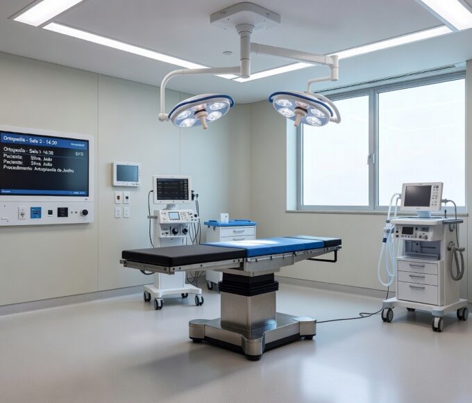 Sala de cirurgia ortopédica em hospital brasileiro com tecnologia integrada para redução de cancelamentos.