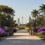 Entrada do Zoológico de Brasília decorada para o Dia Internacional da Mulher, com portões abertos simbolizando entrada gratuita.