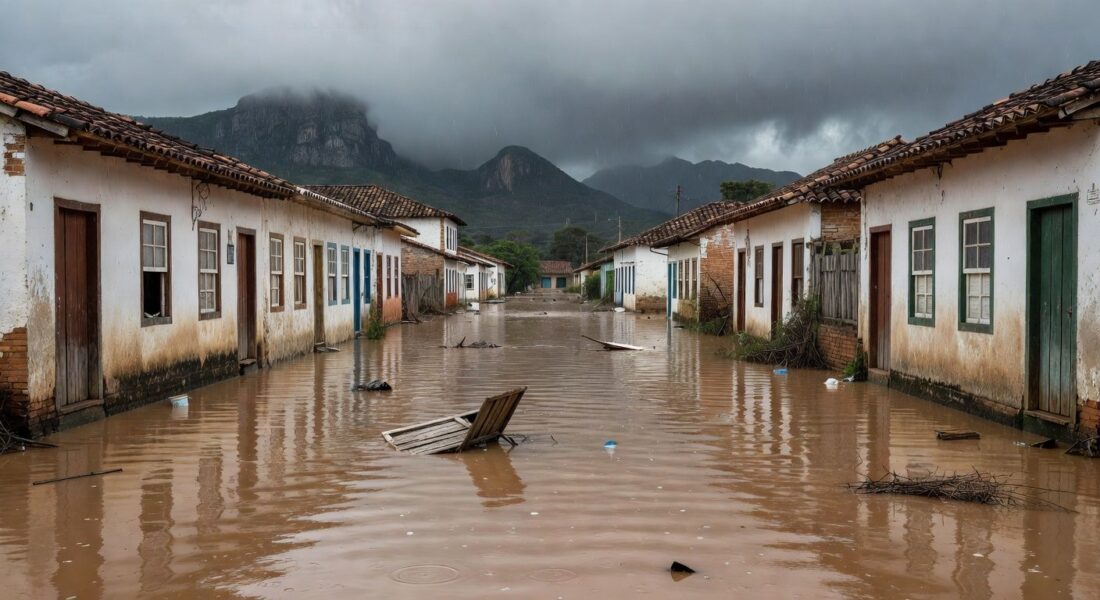 Paisagem de enchentes em cidade de Minas Gerais, com ruas alagadas e casas submersas, simbolizando auxílio para vítimas.