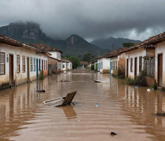 Paisagem de enchentes em cidade de Minas Gerais, com ruas alagadas e casas submersas, simbolizando auxílio para vítimas.