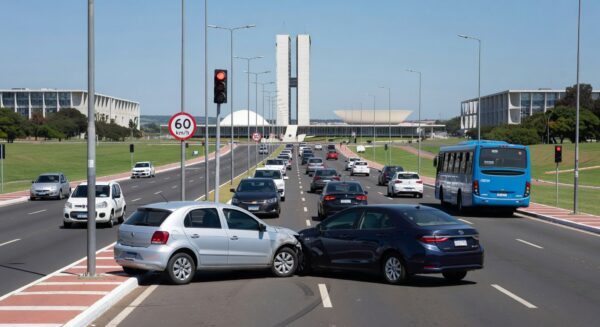 Avenida em Brasília com veículos em colisão, representando estatísticas de condutores em acidentes fatais no DF reveladas pelo Detran.