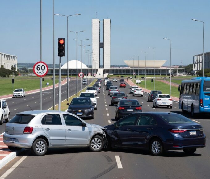 Avenida em Brasília com veículos em colisão, representando estatísticas de condutores em acidentes fatais no DF reveladas pelo Detran.