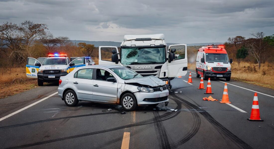 Acidente com quatro veículos na DF-150 em Sobradinho, deixando três feridos, com viaturas e ambulância no local.