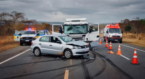 Acidente com quatro veículos na DF-150 em Sobradinho, deixando três feridos, com viaturas e ambulância no local.