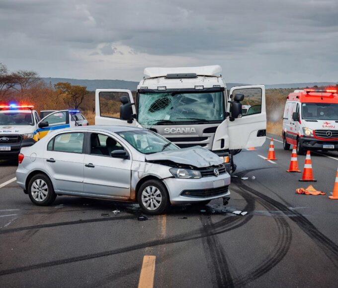 Acidente com quatro veículos na DF-150 em Sobradinho, deixando três feridos, com viaturas e ambulância no local.