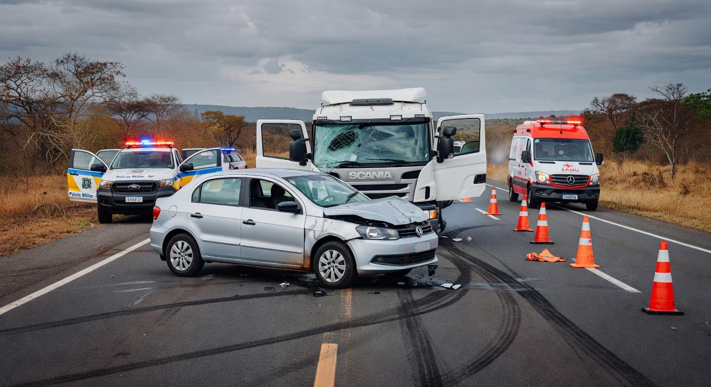 Acidente com quatro veículos na DF-150 em Sobradinho, deixando três feridos, com viaturas e ambulância no local.