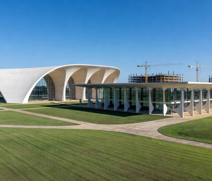 Campus universitário moderno em Brasília, representando aumento de 77% em matrículas no ensino superior público do DF.