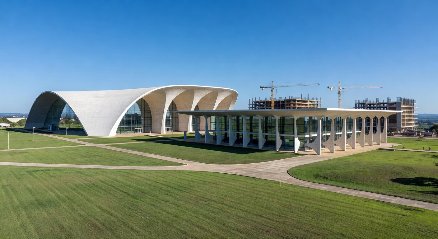Campus universitário moderno em Brasília, representando aumento de 77% em matrículas no ensino superior público do DF.