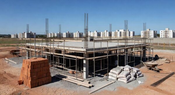 Canteiro de obras no Gama com laje em construção e fita de isolamento, cena de acidente fatal.