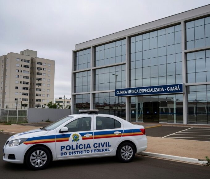 Viatura da Polícia Civil em frente a clínica no Guará, representando prisão por crime grave.