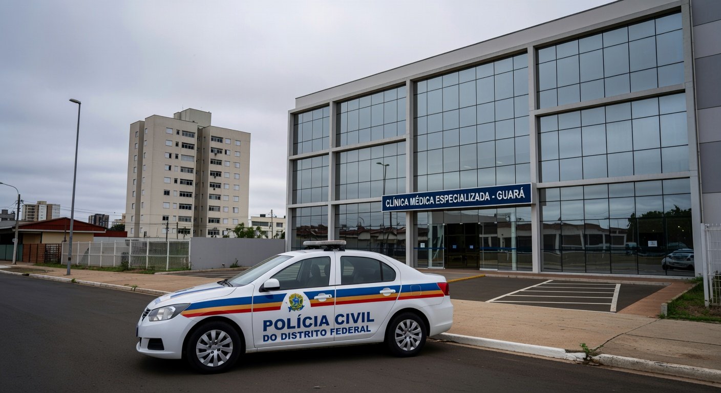 Viatura da Polícia Civil em frente a clínica no Guará, representando prisão por crime grave.