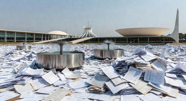 Evento em Brasília com bebedouros obrigatórios e documentos burocráticos simbolizando excesso de regulamentação.