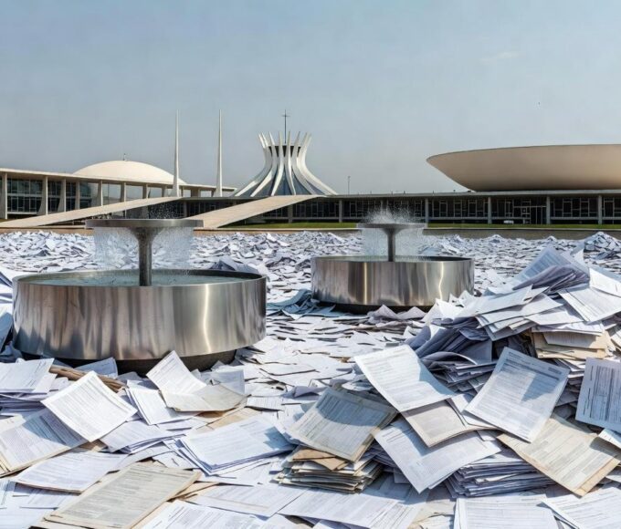 Evento em Brasília com bebedouros obrigatórios e documentos burocráticos simbolizando excesso de regulamentação.