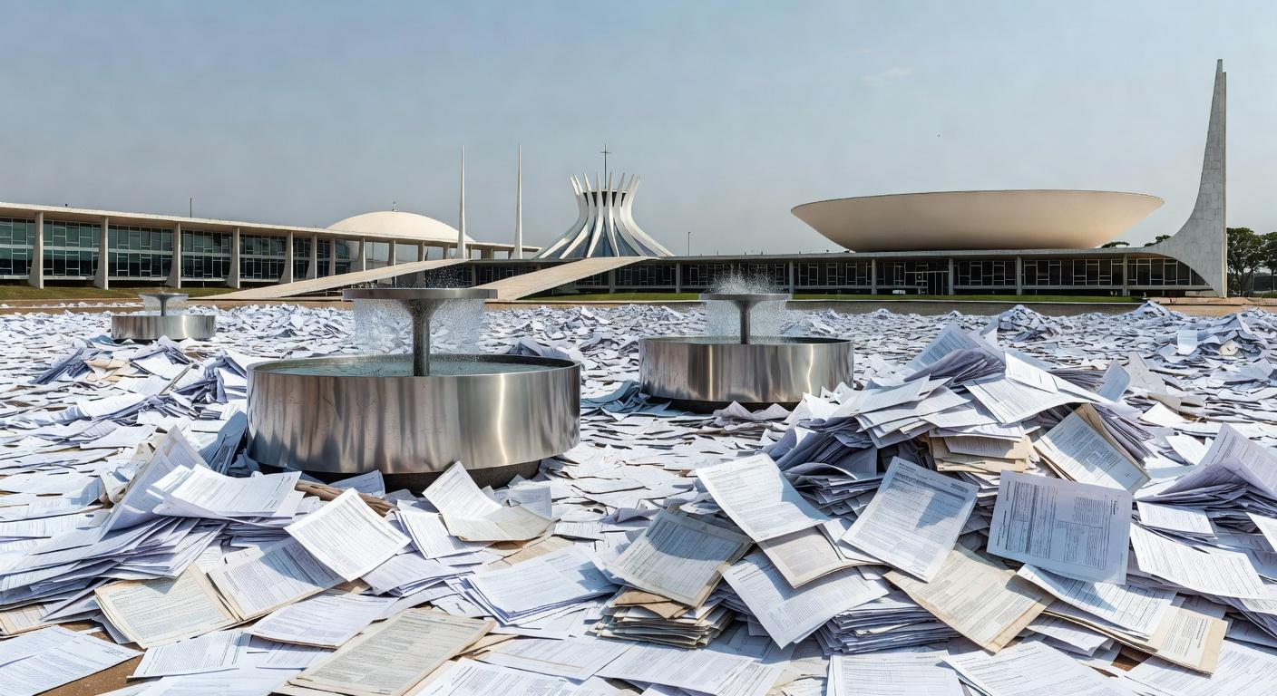 Evento em Brasília com bebedouros obrigatórios e documentos burocráticos simbolizando excesso de regulamentação.