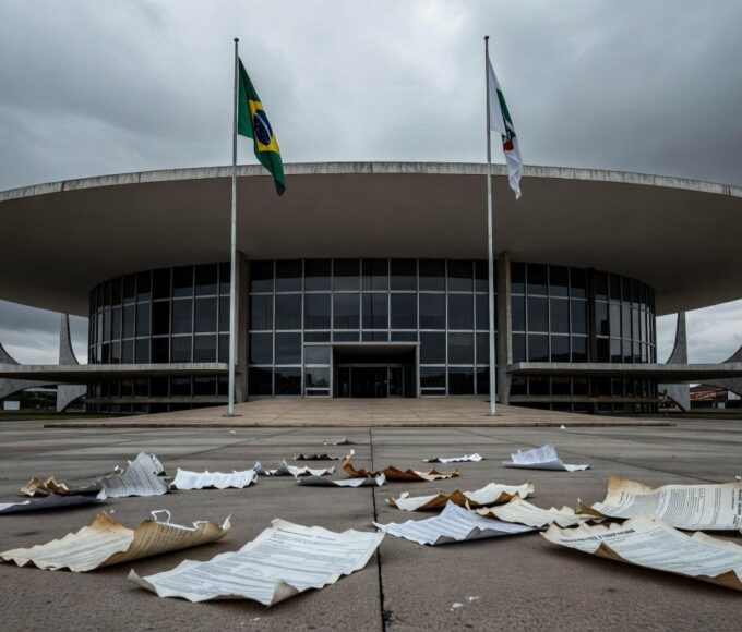 Edifício da CLDF em Brasília com luzes acesas e documentos espalhados, representando desperdício em sessão solene para corretores de seguros.