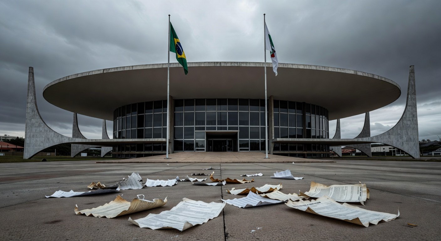 Edifício da CLDF em Brasília com luzes acesas e documentos espalhados, representando desperdício em sessão solene para corretores de seguros.