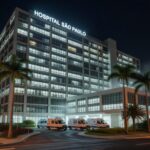 Fachada de hospital moderno em São Paulo, Brasil, representando internação de ex-presidente Jair Bolsonaro por broncopneumonia bacteriana.