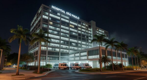 Fachada de hospital moderno em São Paulo, Brasil, representando internação de ex-presidente Jair Bolsonaro por broncopneumonia bacteriana.