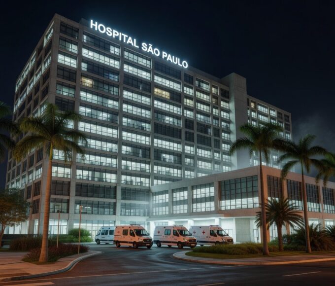 Fachada de hospital moderno em São Paulo, Brasil, representando internação de ex-presidente Jair Bolsonaro por broncopneumonia bacteriana.