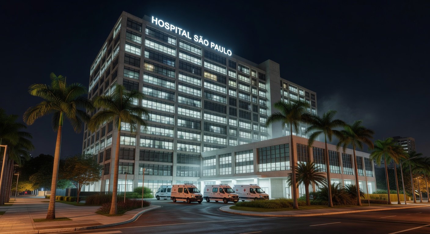 Fachada de hospital moderno em São Paulo, Brasil, representando internação de ex-presidente Jair Bolsonaro por broncopneumonia bacteriana.