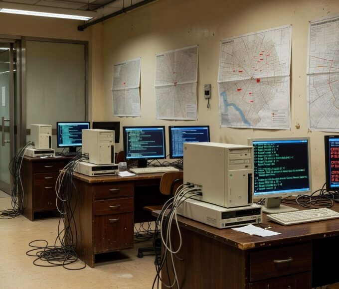 Tela de computador com códigos de ataques virtuais em escritório de São Paulo, representando investigação cibernética.