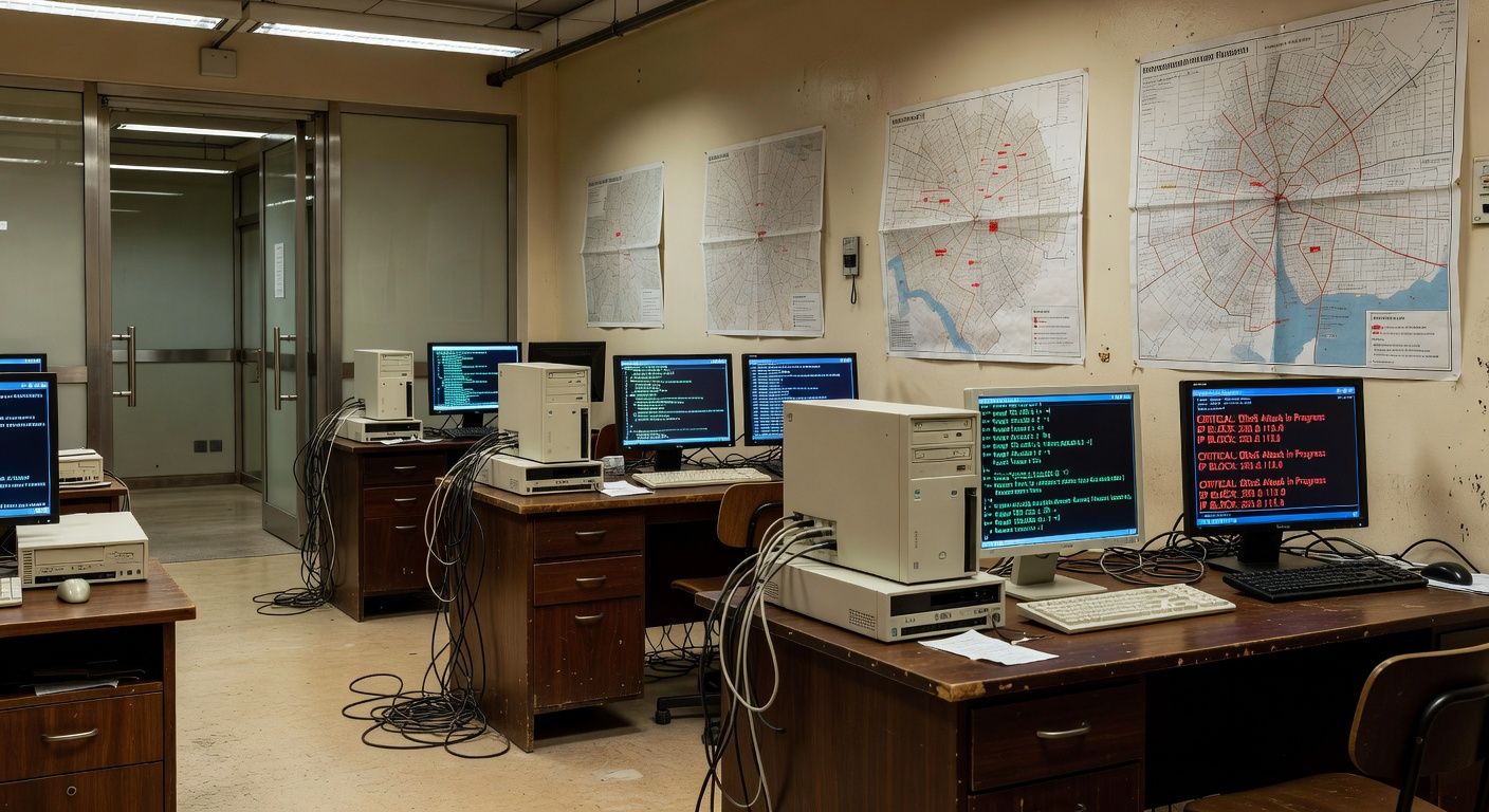 Tela de computador com códigos de ataques virtuais em escritório de São Paulo, representando investigação cibernética.