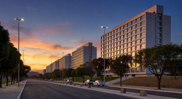 Vista do Setor Hoteleiro em Brasília com viaturas da PMDF, representando ampliação da Área de Segurança Especial.