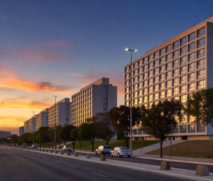 Vista do Setor Hoteleiro em Brasília com viaturas da PMDF, representando ampliação da Área de Segurança Especial.