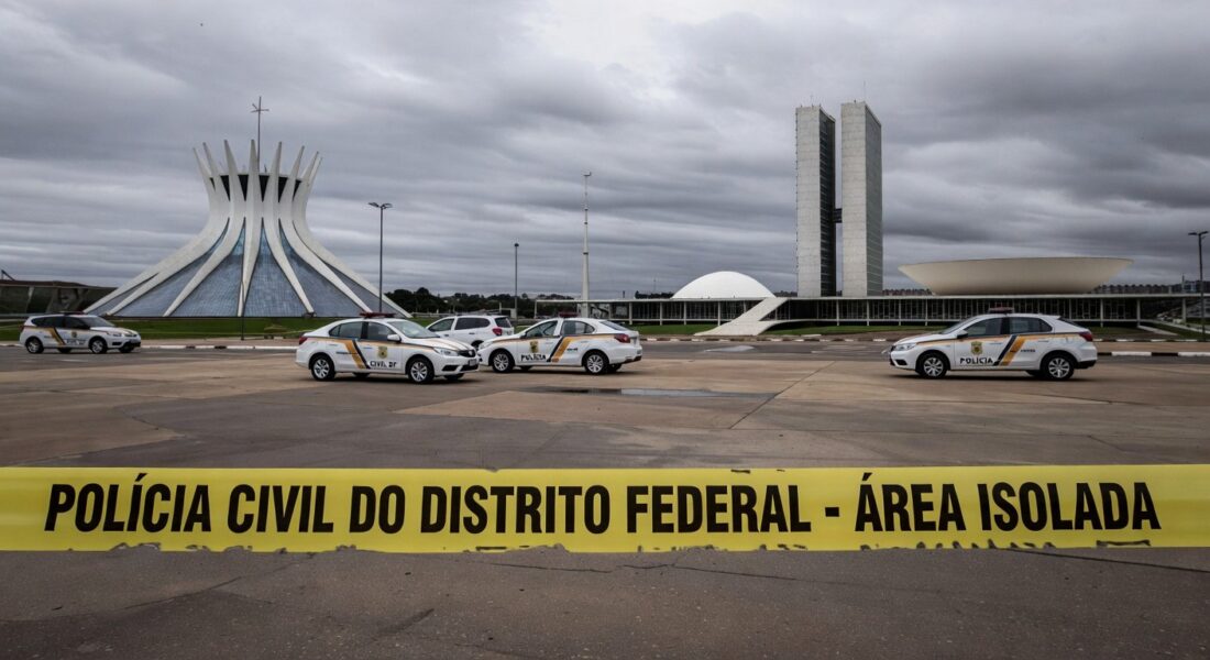 Cena de crime isolada por fita policial em Brasília, com viaturas da Polícia Civil do DF, representando prisão por homicídio e ocultação de cadáver.