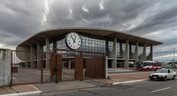 Tubulação de saneamento danificada em rua de Brasília, com vazamento de água suja, representando falhas no sistema.