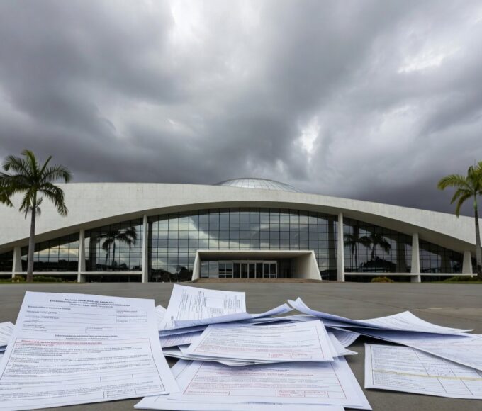 Edifício da CLDF em Brasília com documentos de seguros, simbolizando homenagem e críticas por distrações legislativas.
