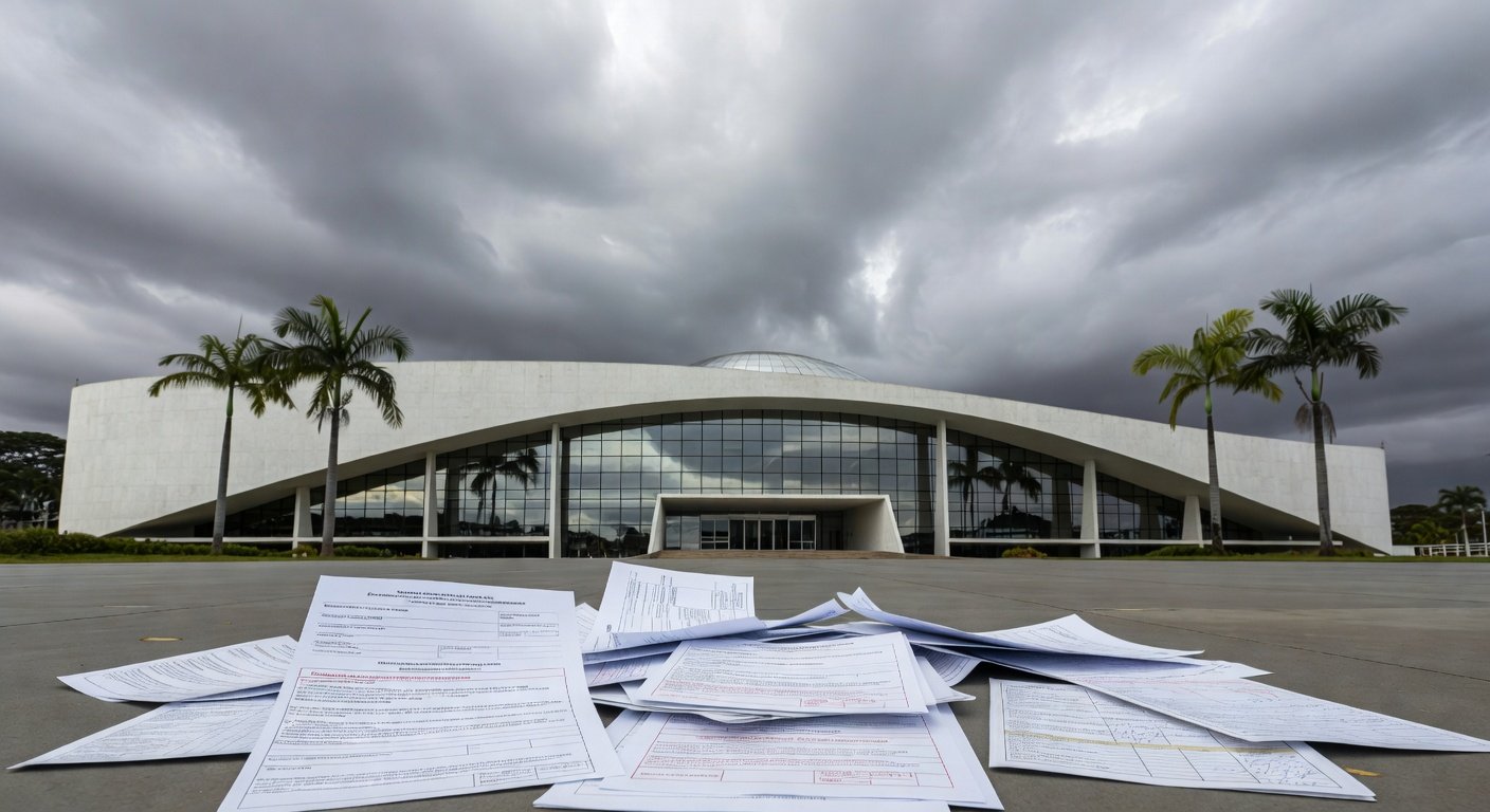 Edifício da CLDF em Brasília com documentos de seguros, simbolizando homenagem e críticas por distrações legislativas.