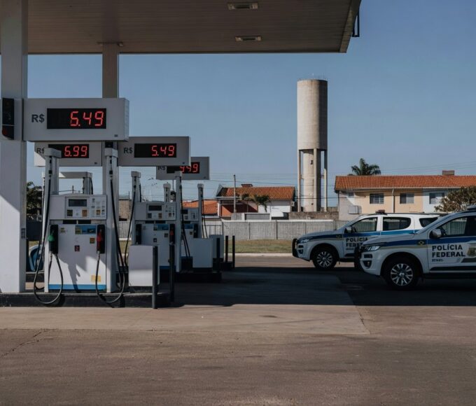 Posto de gasolina no Brasil com viaturas da Polícia Federal, investigando preços abusivos de combustíveis.