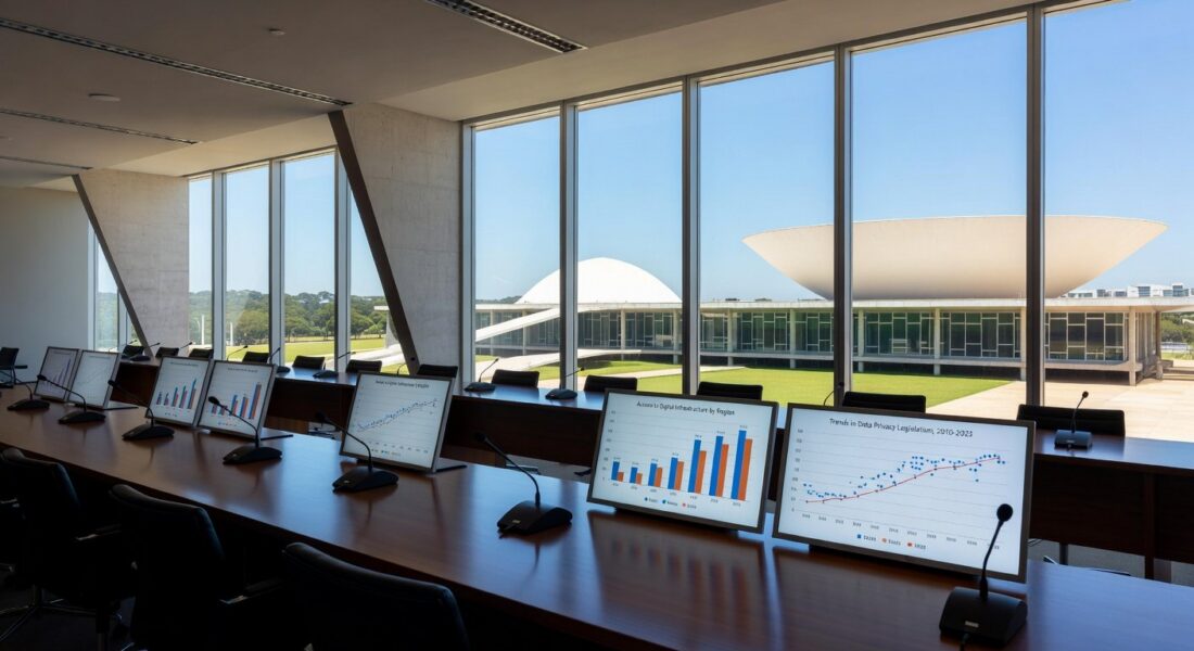 Sala de conferências em Brasília com vista para o Congresso, representando debates sobre desafios na implementação do ECA Digital.