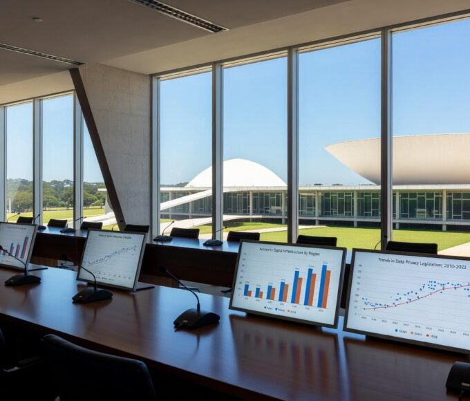 Sala de conferências em Brasília com vista para o Congresso, representando debates sobre desafios na implementação do ECA Digital.
