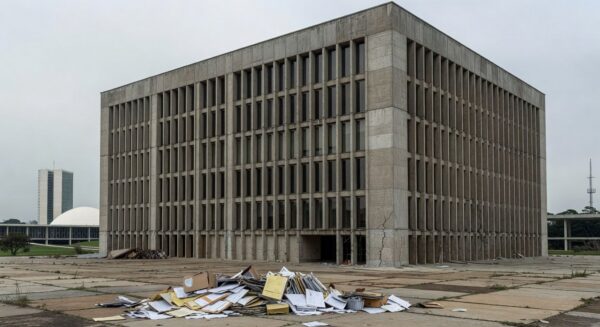 Fachada da CLDF em Brasília com documentos espalhados, simbolizando falhas crônicas na governança do DF.