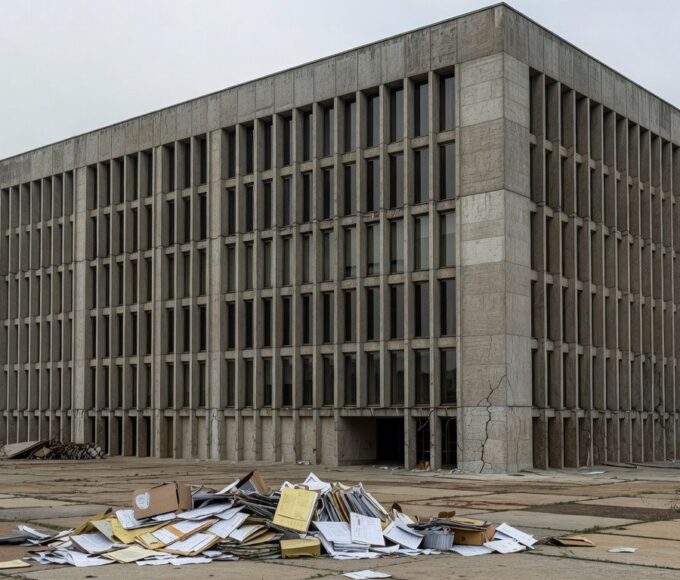 Fachada da CLDF em Brasília com documentos espalhados, simbolizando falhas crônicas na governança do DF.