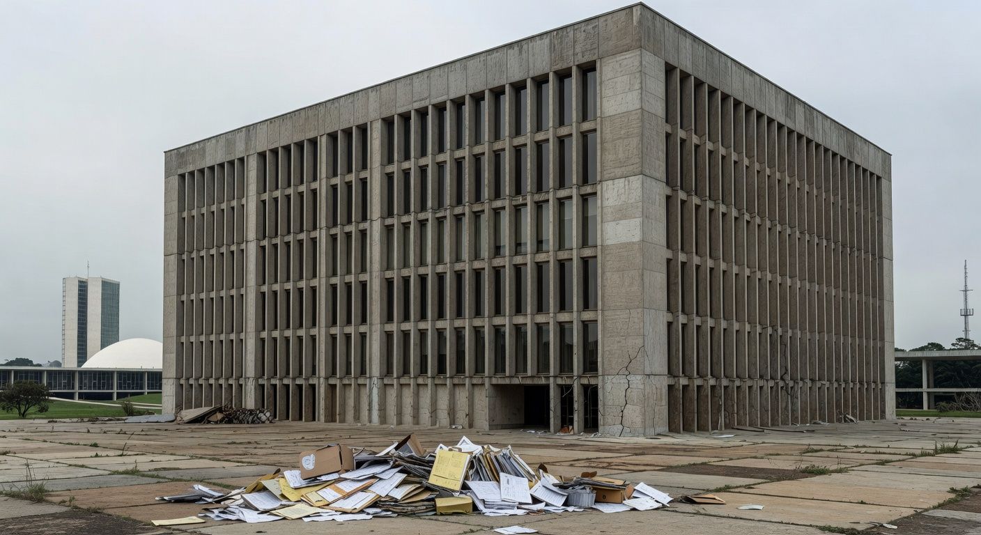 Fachada da CLDF em Brasília com documentos espalhados, simbolizando falhas crônicas na governança do DF.