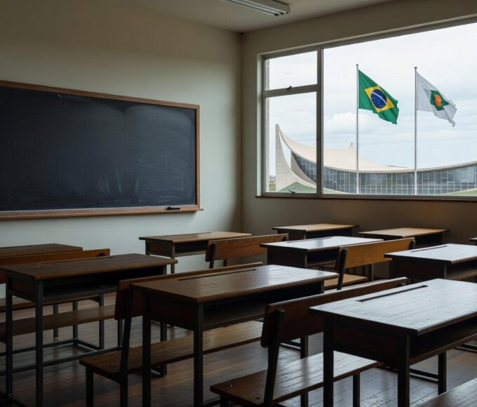 Sala de aula vazia em escola pública de Brasília, representando mobilizações de professores por reestruturação de carreira no DF.
