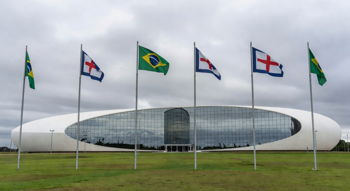 Fachada do TJDFT em Brasília com bandeiras a meio mastro em sinal de luto pela morte de desembargadora.