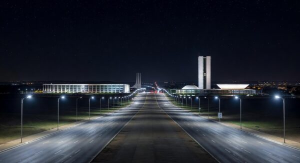Rua noturna em Brasília iluminada por postes de LED modernos, representando a modernização da iluminação pública no Distrito Federal.