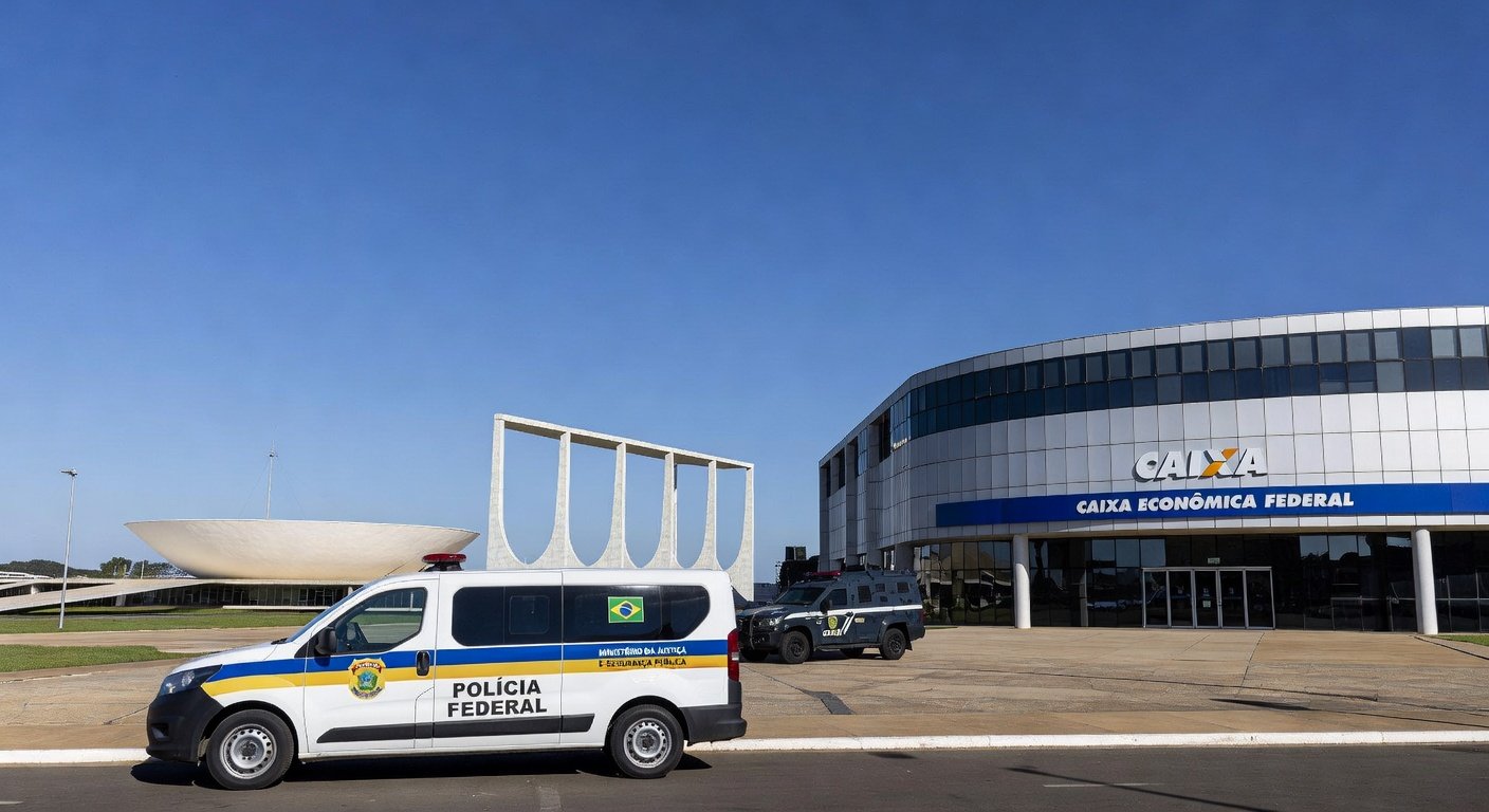Viatura da Polícia Federal em frente à agência da Caixa em Brasília, representando prisão por tentativa de saque fraudulento de FGTS com RG falso.